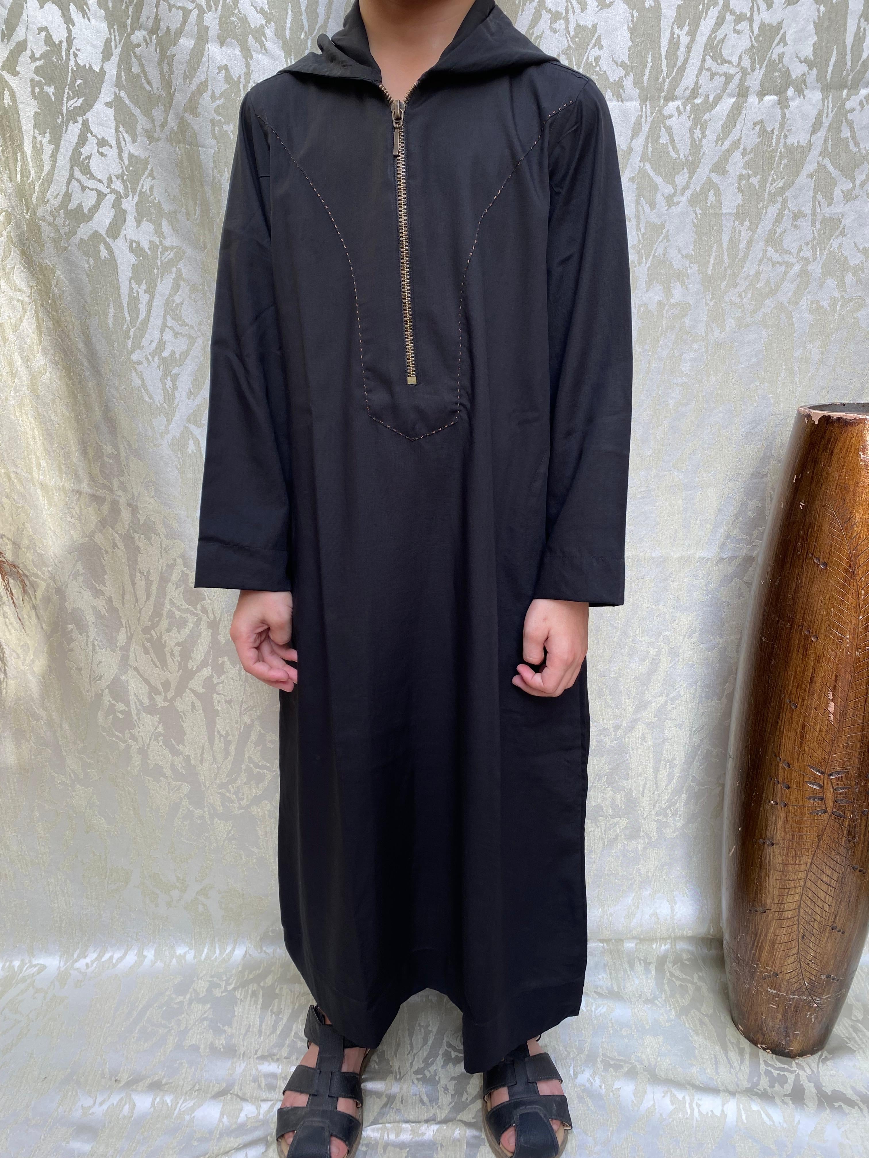 Dark Black Zipper Hooded Jubba