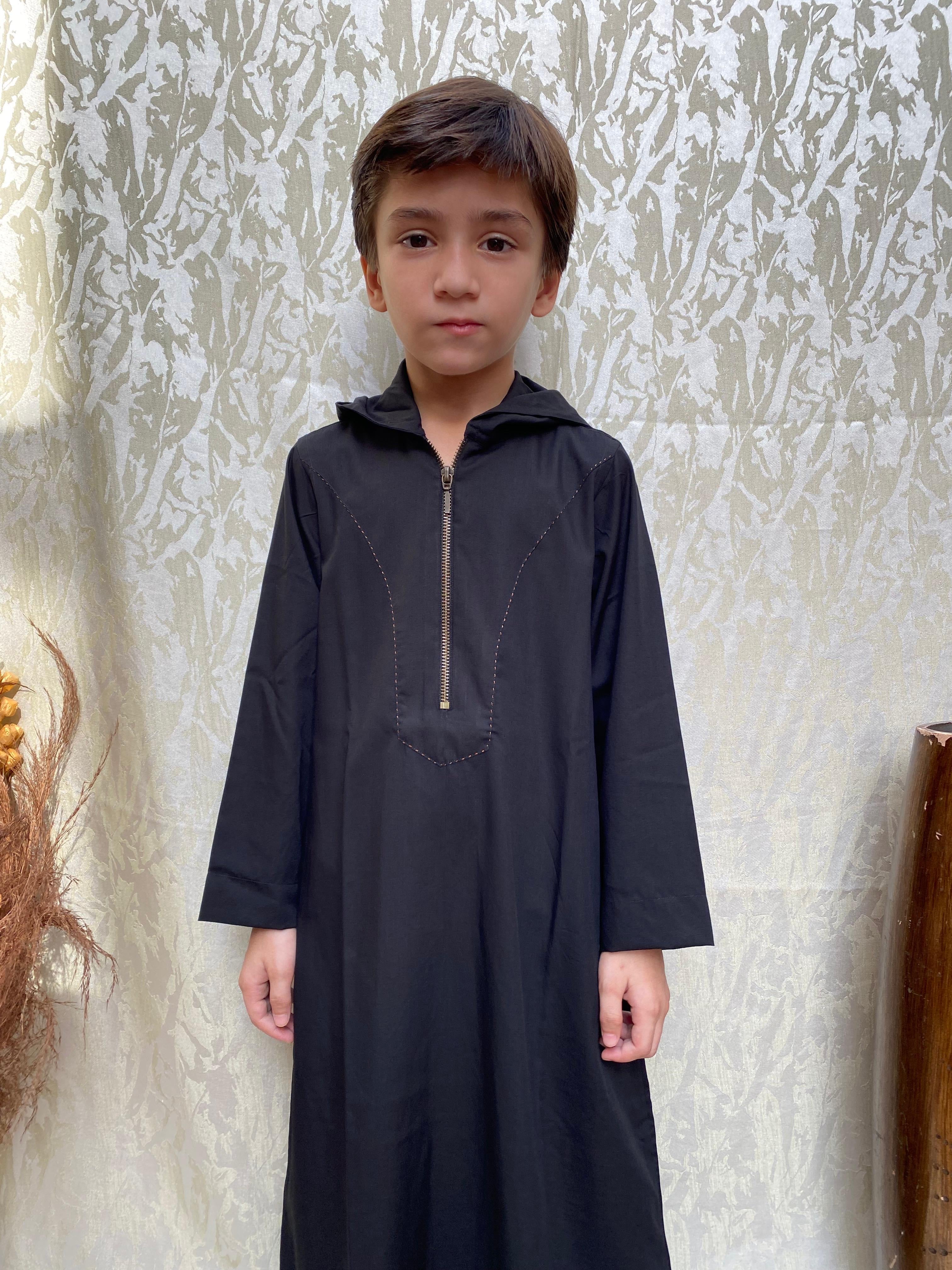 Dark Black Zipper Hooded Jubba