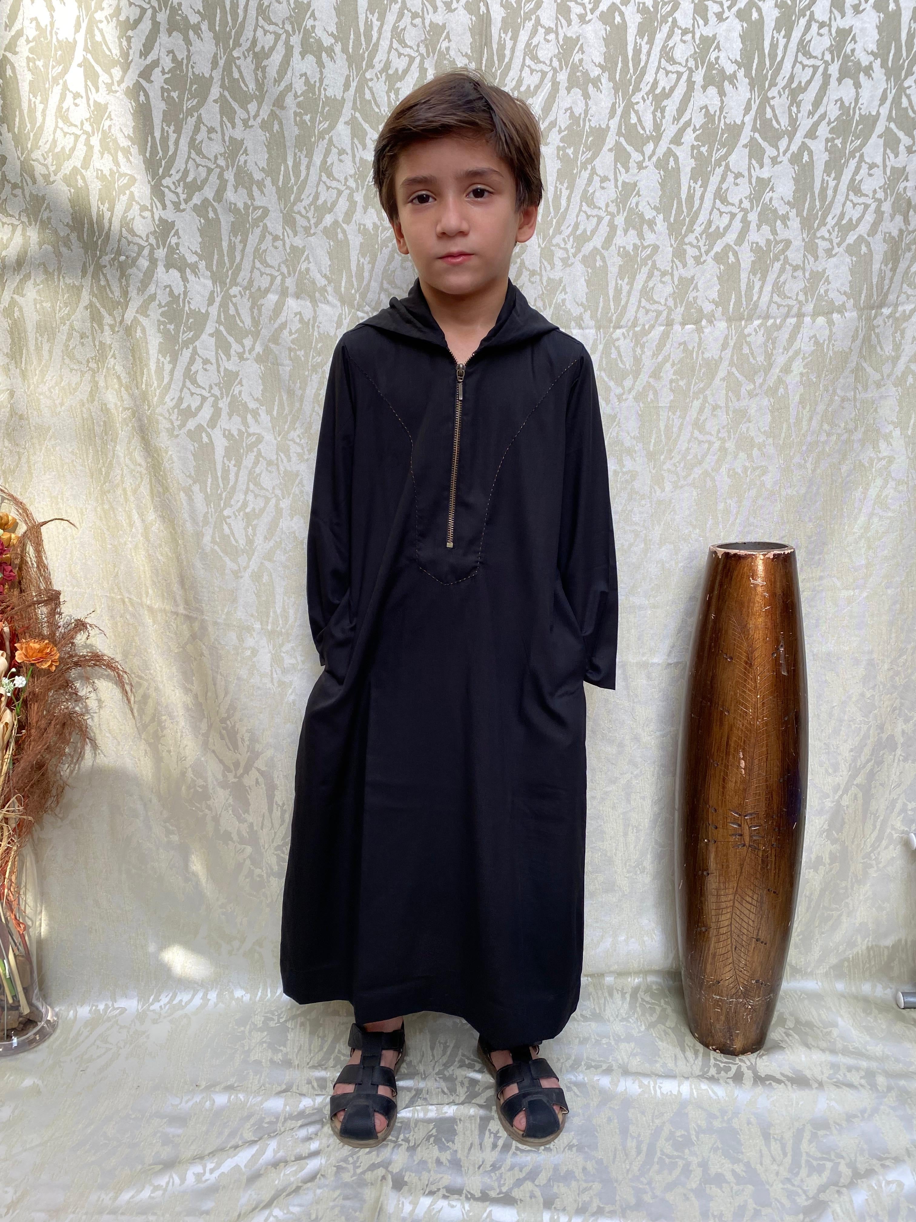 Dark Black Zipper Hooded Jubba