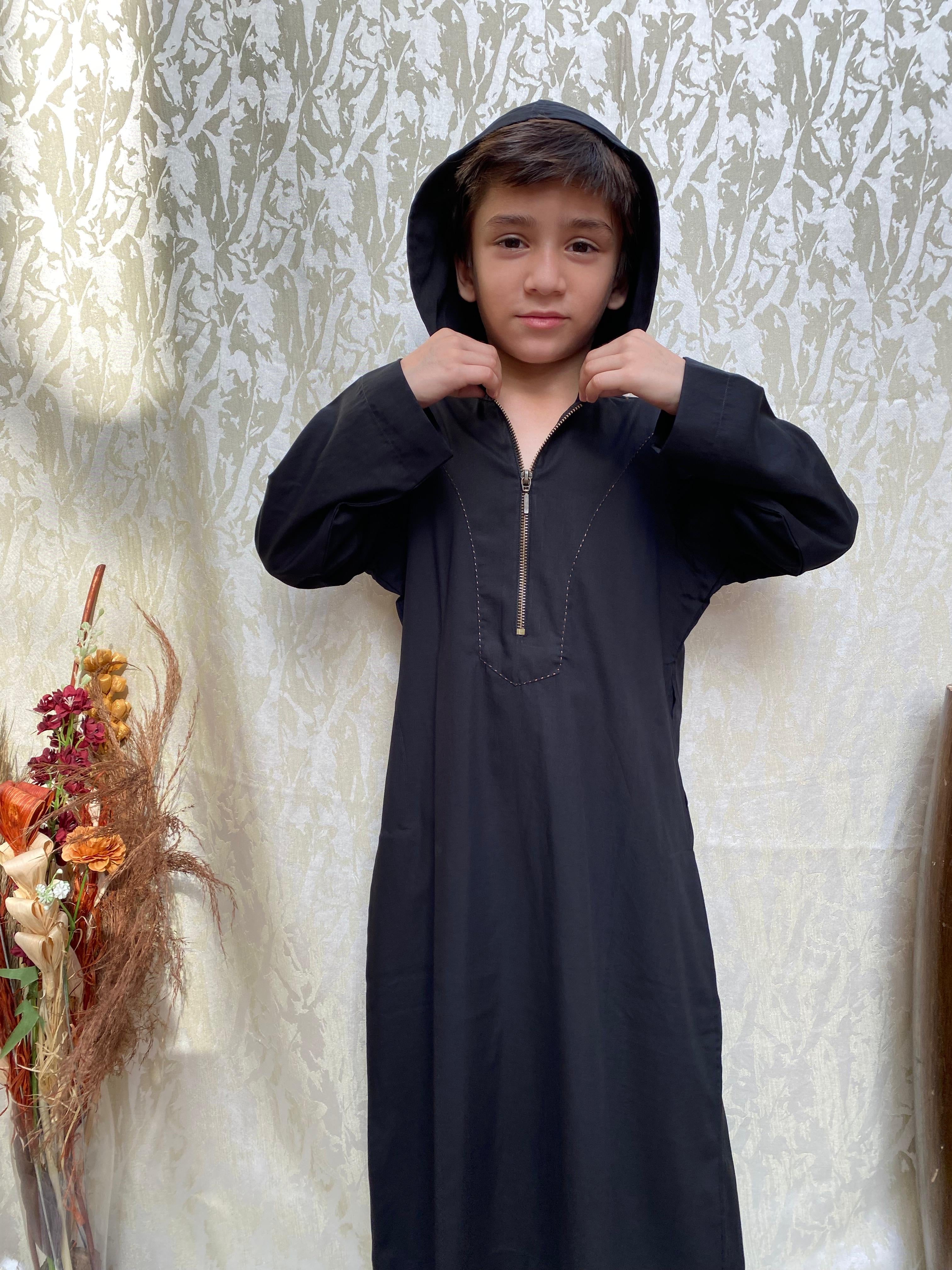 Dark Black Zipper Hooded Jubba