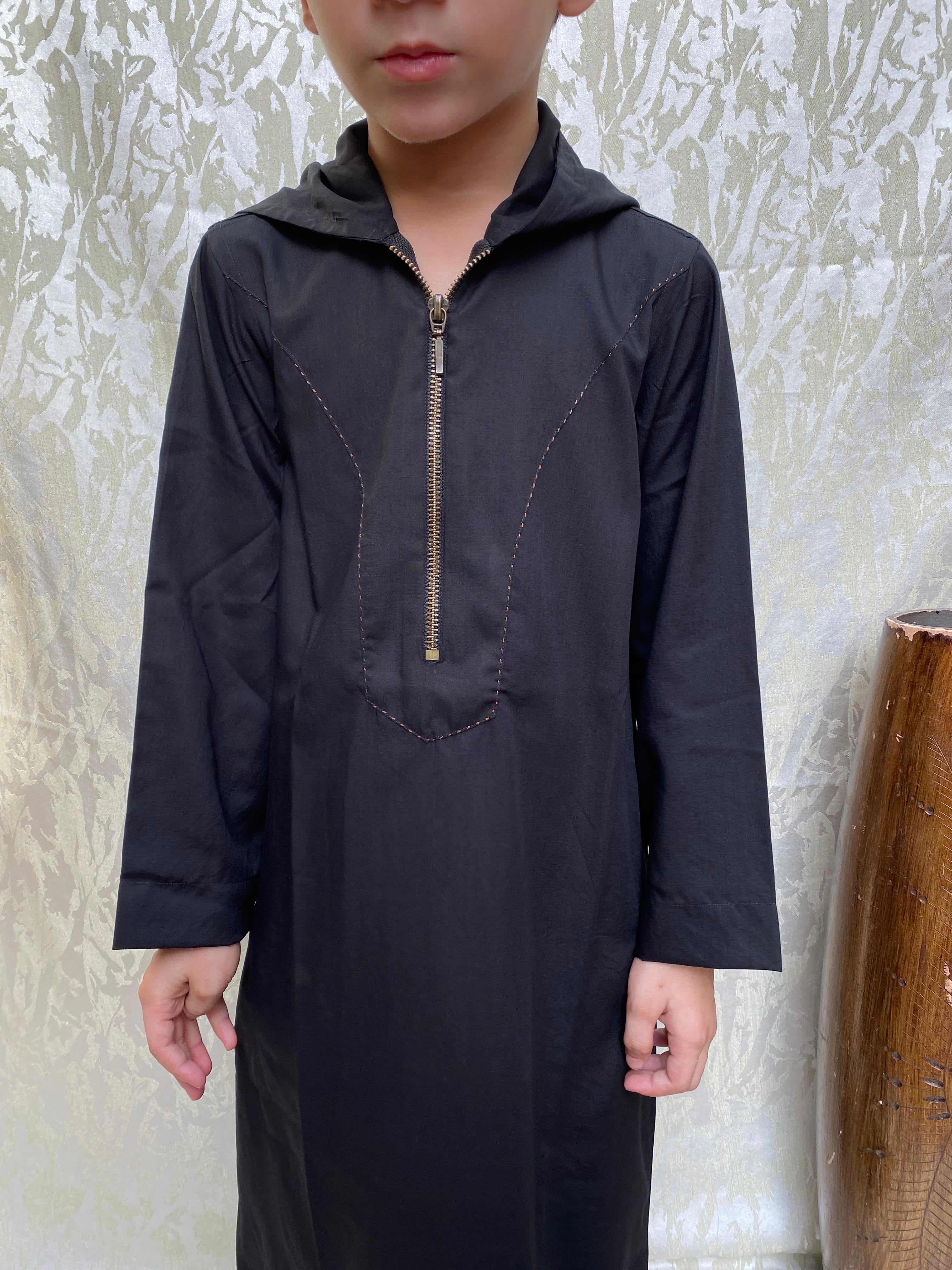 Dark Black Zipper Hooded Jubba